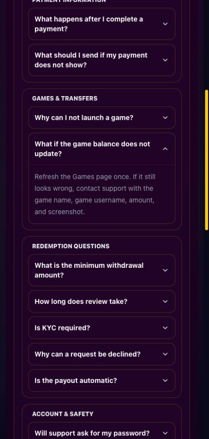 Public Games and transfers FAQ showing the expanded game-balance help answer