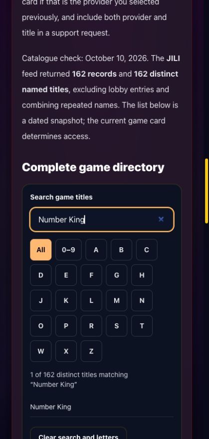 JILI guide directory showing a search for Number King and 1 matching result