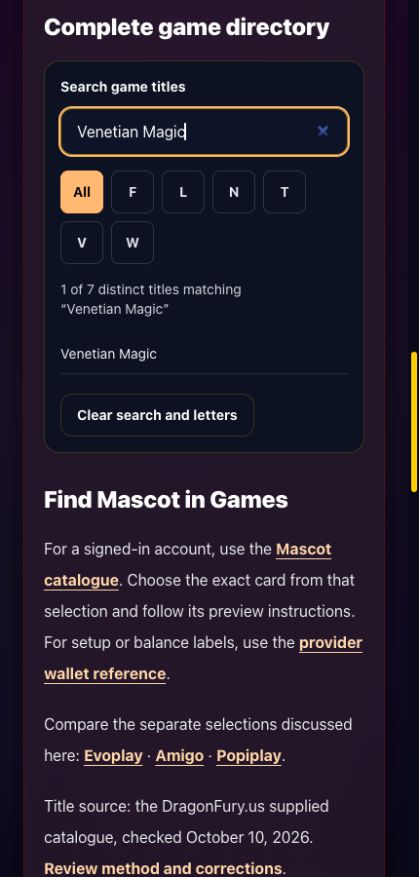 Mascot guide directory showing a search for Venetian Magic and 1 matching result