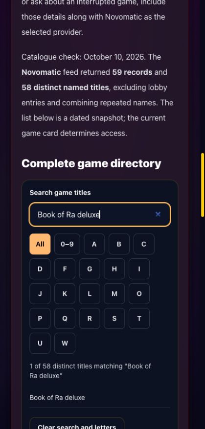 Novomatic guide directory showing a search for Book of Ra deluxe and 1 matching result