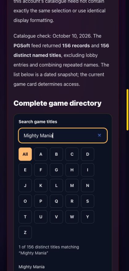 PG SOFT guide directory showing a search for Mighty Mania and 1 matching result