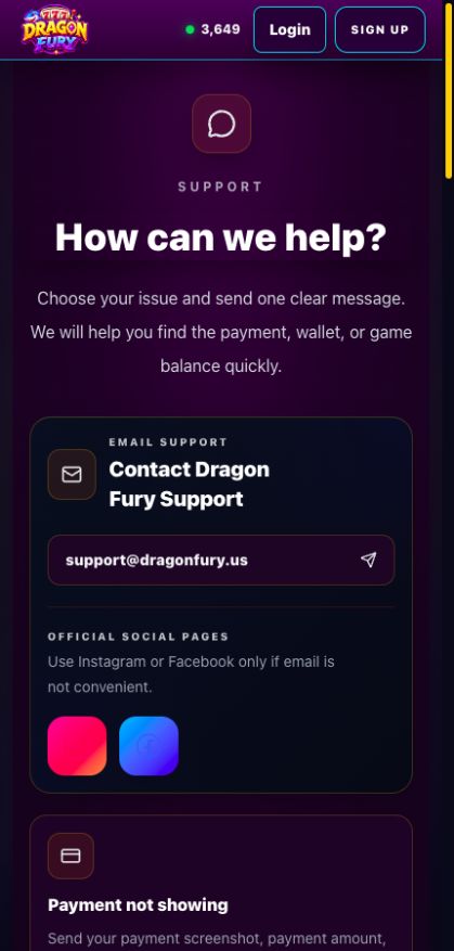 DragonFury.us support page showing its contact address and Payment not showing help option
