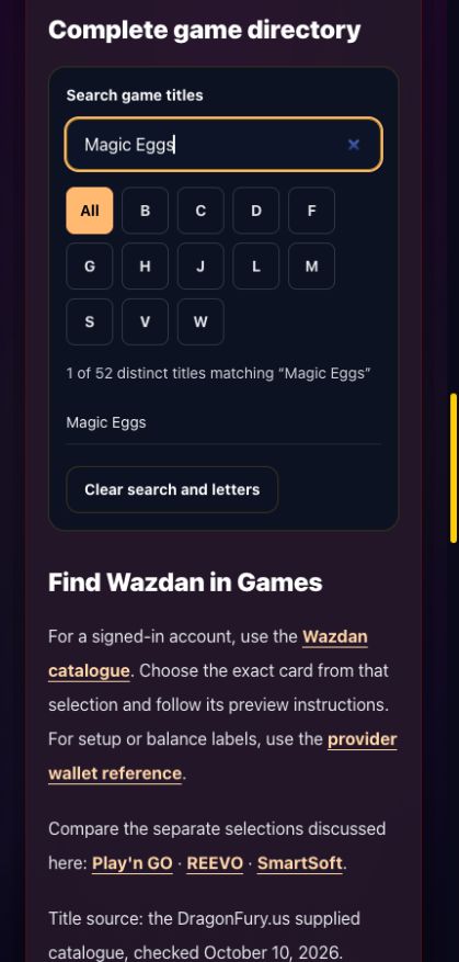 Wazdan guide directory showing a search for Magic Eggs and 1 matching result