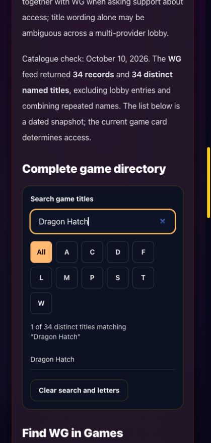 WG guide directory showing a search for Dragon Hatch and 1 matching result
